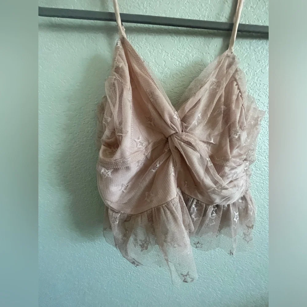 Pink Lily Moving To The Beat Blush Star Applique Twist Front Tulle Tank